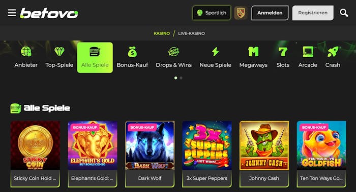 Spiellobby im Betovo Casino zeigt Spiele wie Dark Wolf neben anderen Spielkategorien 