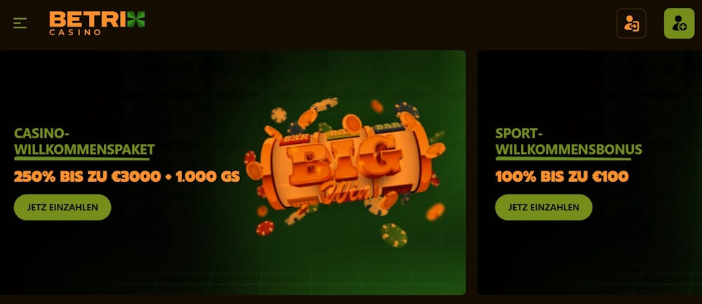 Die Homepage von Betrix Casino mit einer Beschreibung über den WIllkommensbonus von 250 % bis zu 3.000 € + 1.000 Freispiele