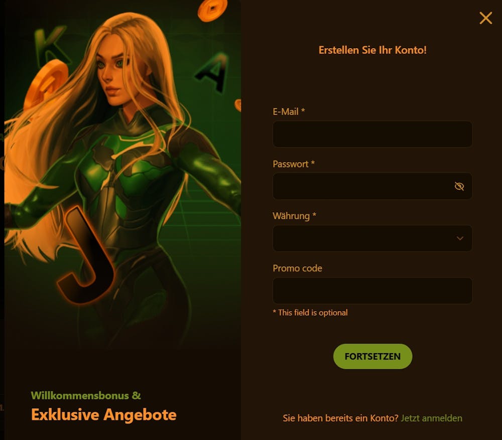 Das Registrierungsformular von Betrix Casino 