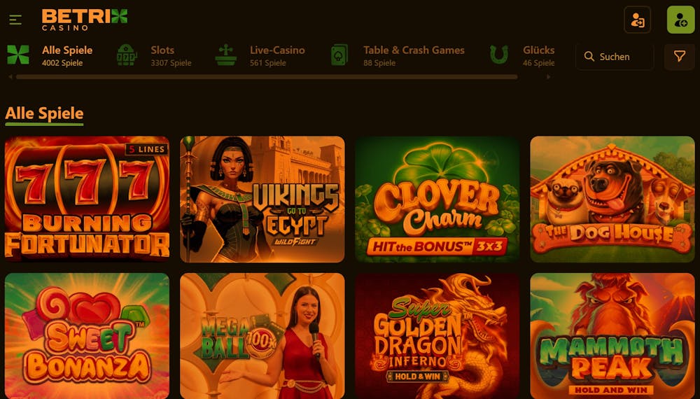 Die Spielauswahl bei Betrix Casino mit vielen verschiedenn Titeln wie Mammoth Peak und Vikings go to Egypt