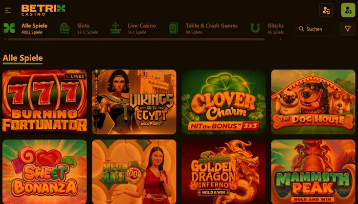 Die Spielauswahl bei Betrix Casino mit vielen verschiedenn Titeln wie Mammoth Peak und Vikings go to Egypt