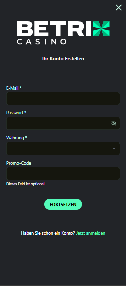 Das Registrierungsformular von Betrix Casino 