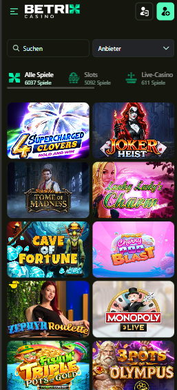 Die Spielauswahl bei Betrix Casino mit vielen verschiedenn Titeln wie Joker Heist