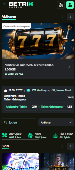Die Homepage von Betrix Casino mit einer Beschreibung über den WIllkommensbonus von 250 % bis zu 3.000 € + 1.000 Freispiele