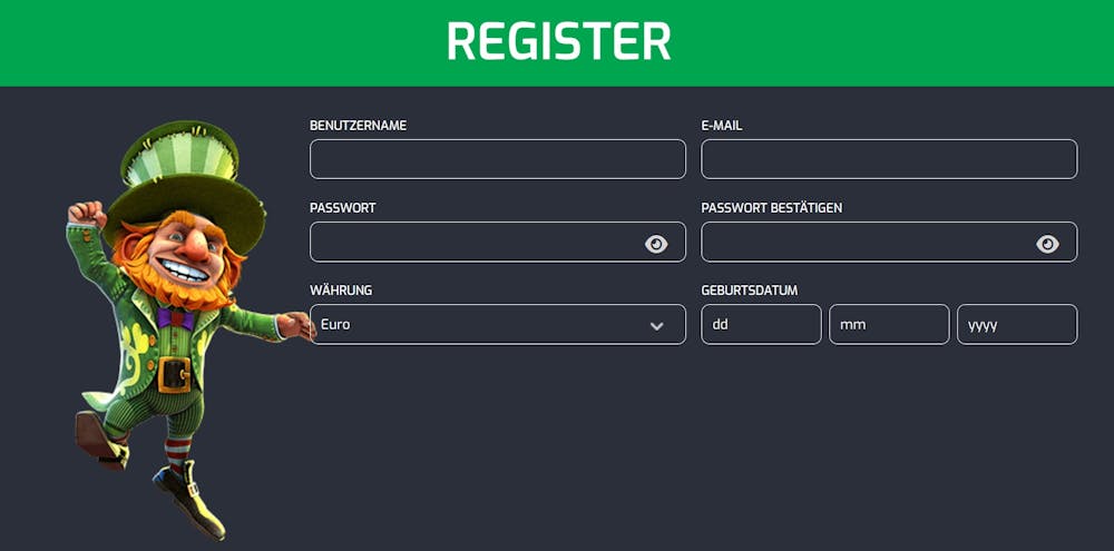 Betroom24 Casino Screenshot mit der Anmeldemaske zum Eingeben der Daten.