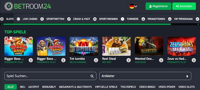 Betroom24 Casino mit der Spieleauswahl, darunter Slots wie Reel Steal.