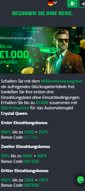 Screenshot vom Betroom25 Casino, der den Bonus ohne Umsatzbedingungen anzeigt.