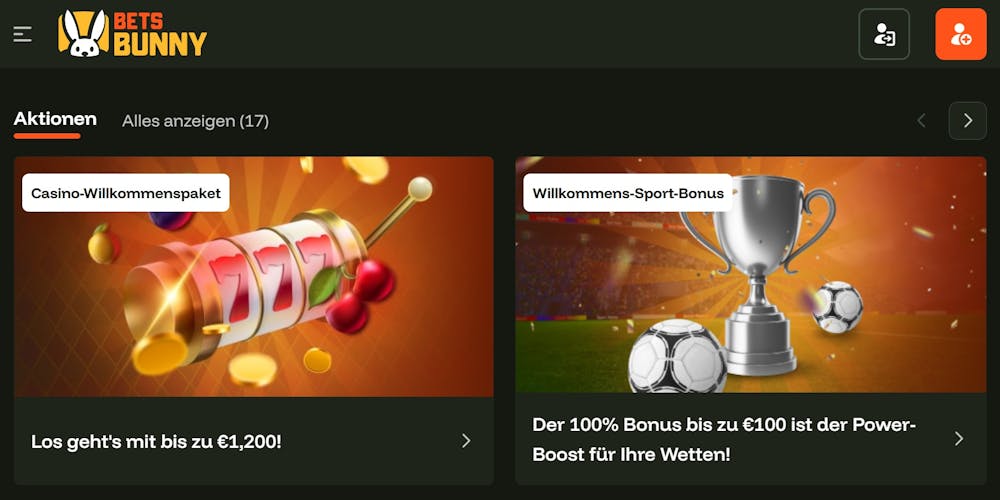 Startseite im Bets Bunny Casino zeigt Aktionen wie Casino Willkommensbonus