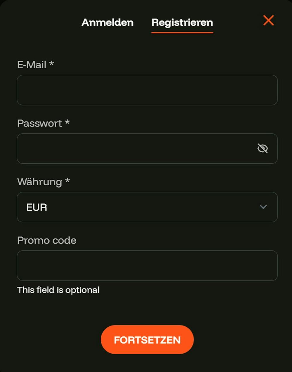 Registrierungsformular im Bets Bunny Casino
