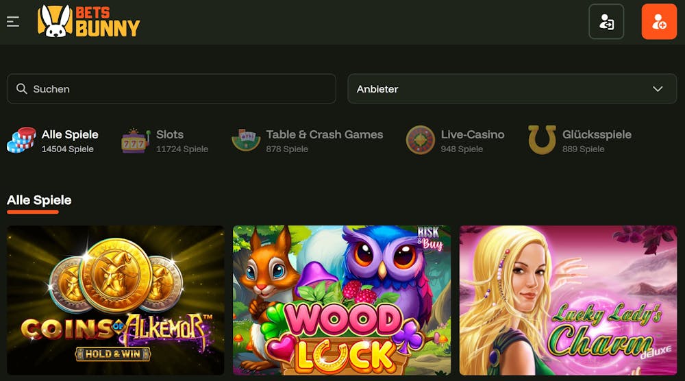 Spiellobby im Bets Bunny Casino zeigt Spiele wie Lucky Lady's Charm neben anderen Spielkategorien