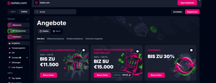 Betsio Casino Screenshot  mit Casino Bonus Codes.
