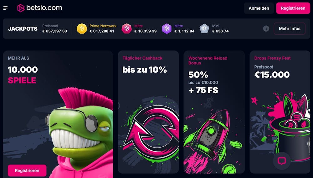 Betsio.com Casino Screenshot mit dem Willkommensangebot, aus denen Sie sich ein Paket für den Bonus aussuchen können.