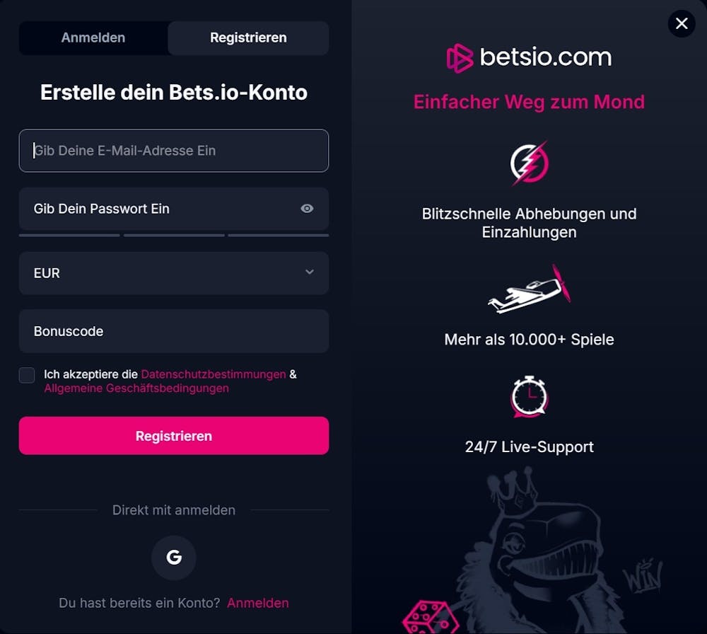 Betsio.com Casino Screenshot mit der Seite zum Anmelden, in die Anmeldemaske können Sie Ihre Daten eingeben.