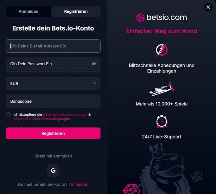 Betsio.com Casino Screenshot mit der Seite zum Anmelden, in die Anmeldemaske können Sie Ihre Daten eingeben.