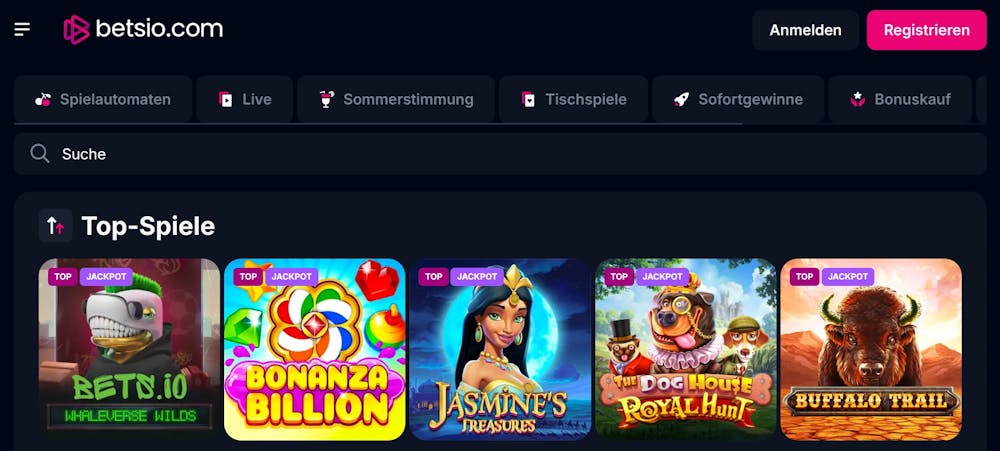 Betsio.com Casino Screenshot mit der Slot Auswahl