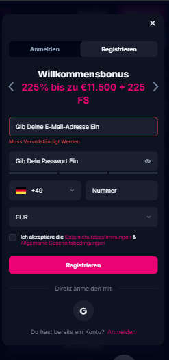 Betsio.com Casino Screenshot mit der Seite zum Anmelden, in die Anmeldemaske können Sie Ihre Daten eingeben.