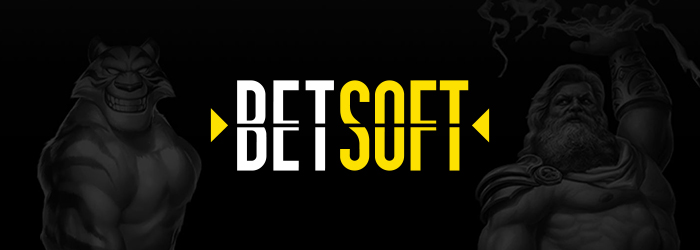 Betsoft Logo vor schwarzem Hintergrund mit Slotcharakteren