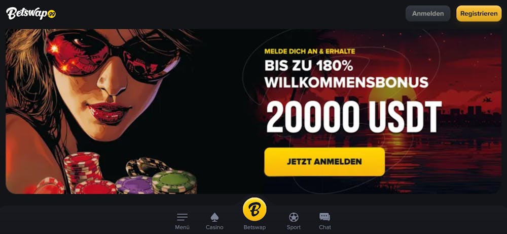 Die Homepage von Betswap Casino, rechts eine Beschreibung über den Willkommensbonus von bis zu 20. 000 USDT