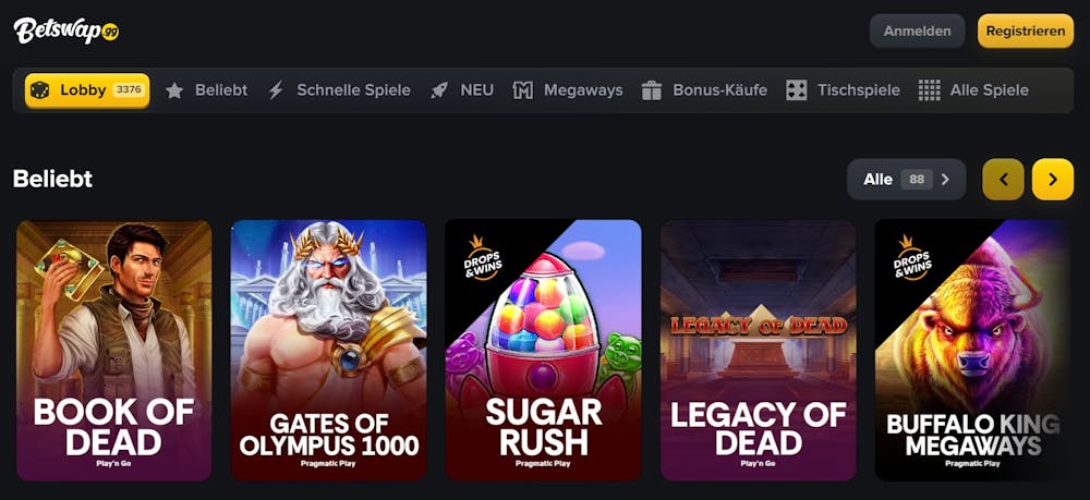 Eine Übersicht über die verschiedenen Slots bei Betswap Casino, mit Titeln wie Book of Dead und Sugar Rush