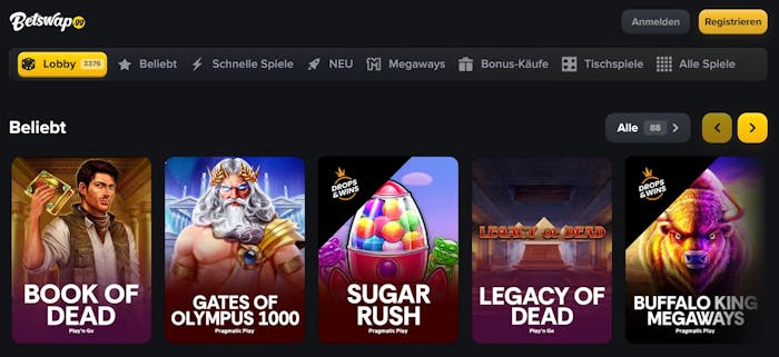 Eine Übersicht über die verschiedenen Slots bei Betswap Casino, mit Titeln wie Book of Dead und Sugar Rush