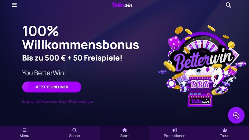 Die Homepage von Better Win Casino mit einer Beschreibung über den Willkommensbonus von bis zu 500 € + 50 Freispielen