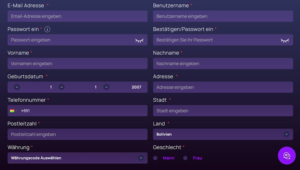 Das Registrierungsformular von BetterWin Casino