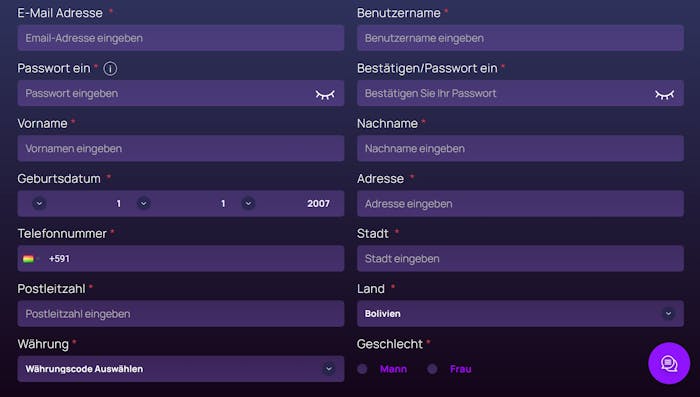 Das Registrierungsformular von BetterWin Casino