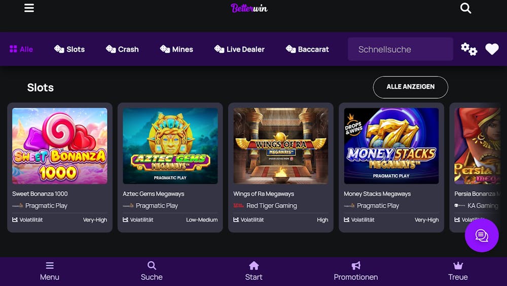 Die Spielauswahl bei Better Win Casino mitn vielen verschiedenen Titeln wie 777 Money Stacks und Sugar Rush 1000