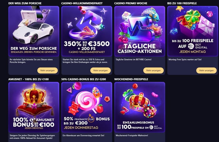 Betvibeplay Casino Screenshot mit der Bonuseeite.