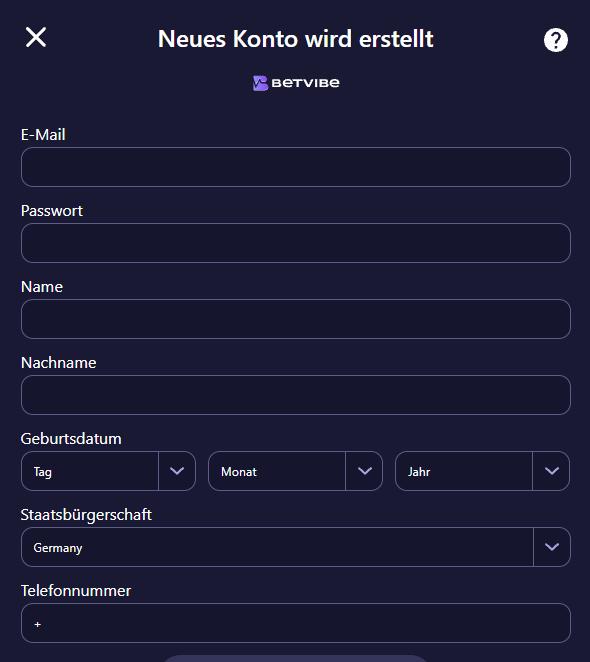 Betvibeplay Casino Screenshot mit der Anmeldeseite.