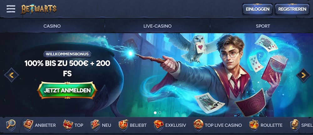 Betwarts Casino Screenshot mit dem Willkommensbonus Angebot bis 5.000 € und 200 Freispiele.