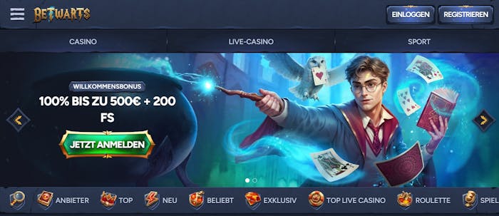 Betwarts Casino Screenshot mit dem Willkommensbonus Angebot bis 5.000 € und 200 Freispiele.