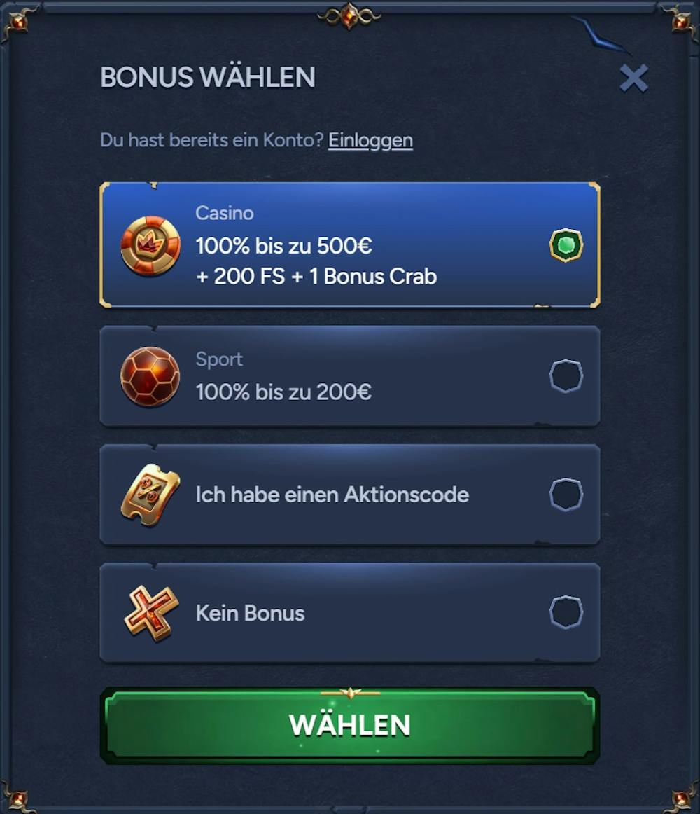 Betwarts Casino Screenshot mit der Anmeldeseite zum Eingeben der Daten.