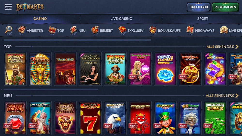 Betwarts Casino Screenshot mit der Auswahl der Slots darunter Hot Slot 7.