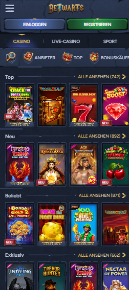 Betwarts Casino Screenshot mit der Auswahl der Slots darunter Hot Slot 7.