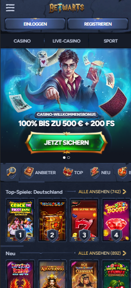 Betwarts Casino Screenshot mit dem Willkommensbonus Angebot