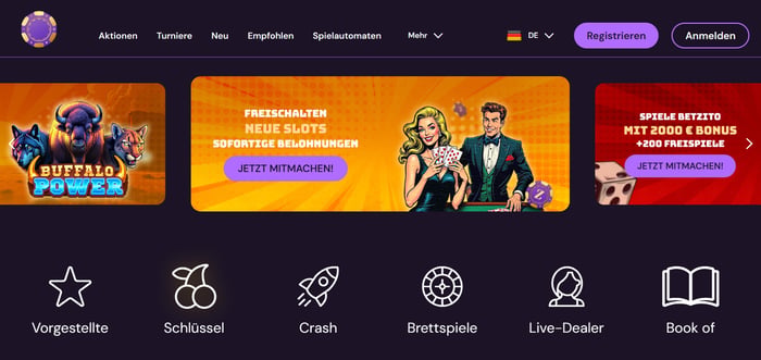 Startseite im Betzito Casino zeigt Promotionen und Spielkategorien