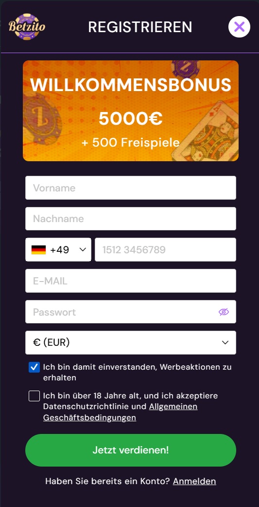 Anmeldeformular im Betzito Casino