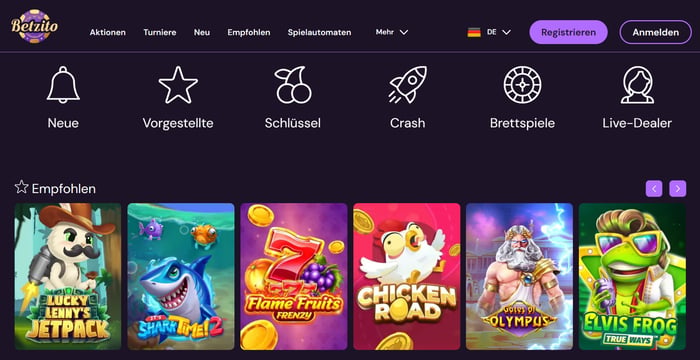 Spiellobby im Betzito Casino zeigt empfohlene Spiele wie Gates of Olympus neben anderen Spielkategorien
