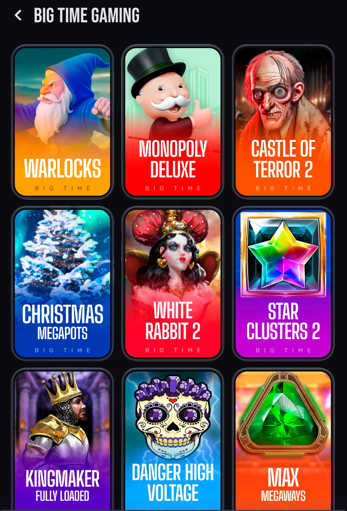 Beispielhafte Spielauswahl im Big Time Gaming Casino