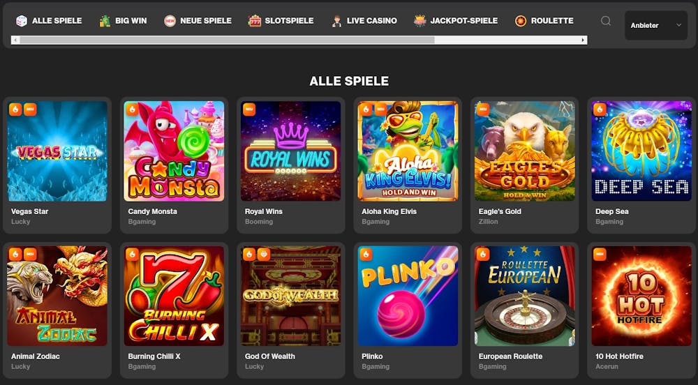 BigWin Casino Spielauswahl