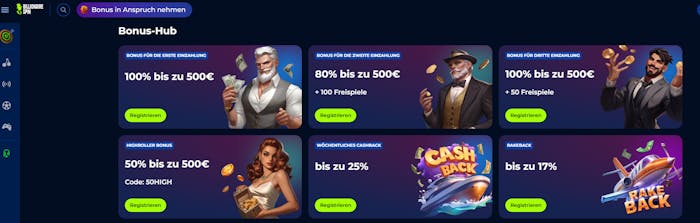 Screenshot vom Billionaire Spin Casino mit der Bonus Auswahl.