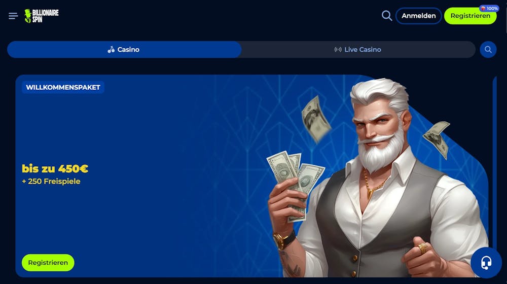 Billionaire Spin Casino Screenshot auf welchem man das Willkommensbonus in Höhe von 450 € mit 250 Freispielen sieht.