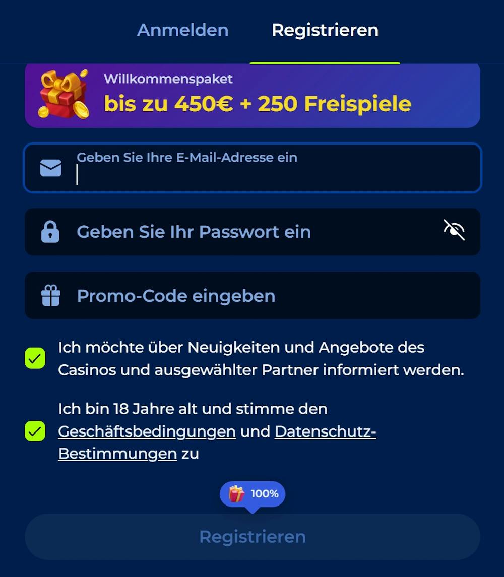 Screenshot vom Billionaire Spin Casino mit der Anmeldemaske mit Eingabefeldern für Email, Passwort und Promo Code.