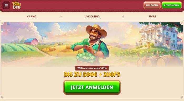 Billy Bets Casino Screenshot mit der Startseite, auf welcher der Willkommensbonus angezeigt wird.