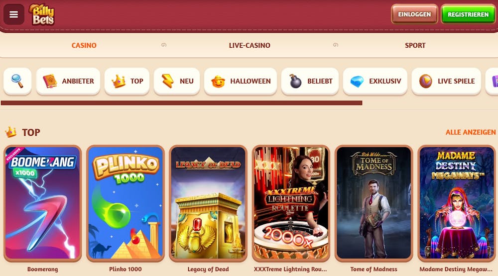 BillyBets Casino Spiellobby zeigt Top Spiele wie Plinko 1000 neben anderen Casino Kategorien