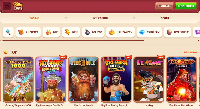 Billy Bets Casino Screenshot mit der Seite, auf welcher man die Auswahl der Spiele sieht.