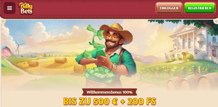Billy Bets Casino Screeshot mit der Startseite, auf welcher man den Willkommensbonus angezeigt bekommt.