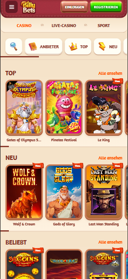 Billy Bets Casino Screenshot mit der Seite, auf welcher man die Auswahl der Spiele sieht.