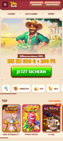 Billy Bets Casino Screenshot mit der Startseite, auf welcher der Willkommensbonus angezeigt wird.